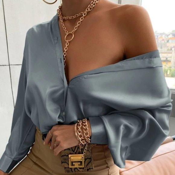 Button down Bishop Sleeve Shirt Blouse Dusty Blue - Picture 1 of 5